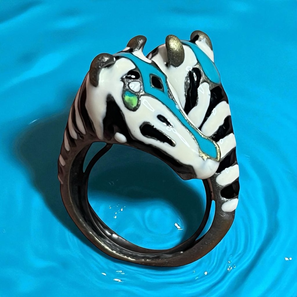 Zebra Enamel Ring with Blue Accents